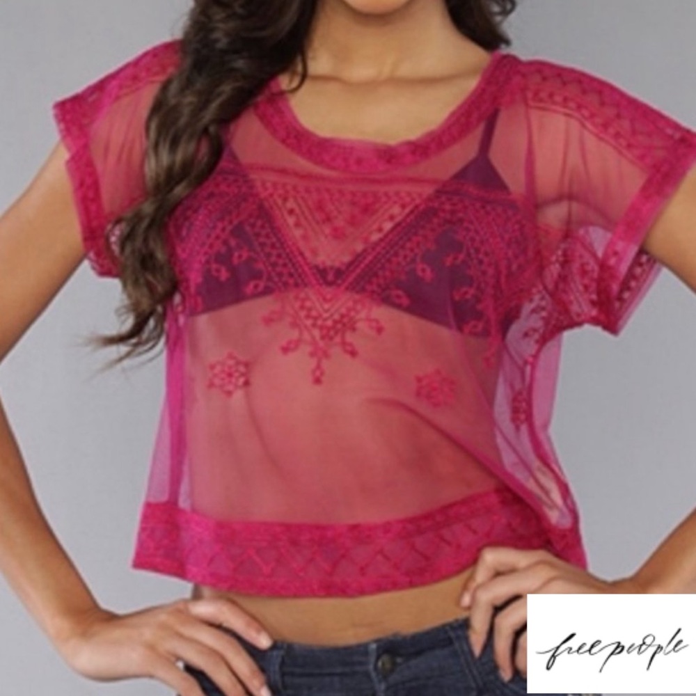 Free People The Vicki Embroidered Sheer Mesh Top in Fushia Pink - Size:  Small